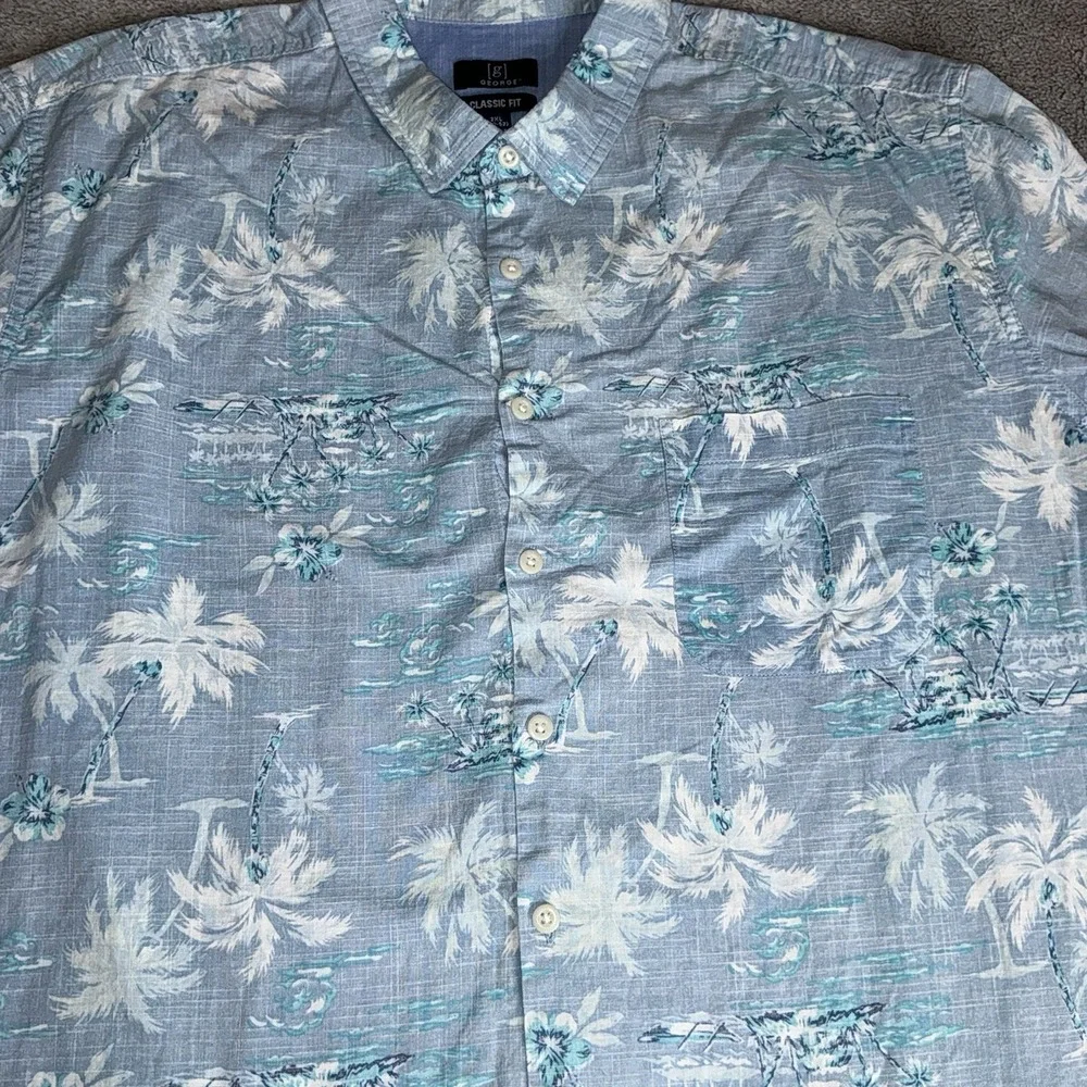 George Mens Hawaiian Shirt 2XL Blue Short Sleeve Button Down 100% Cotton‎